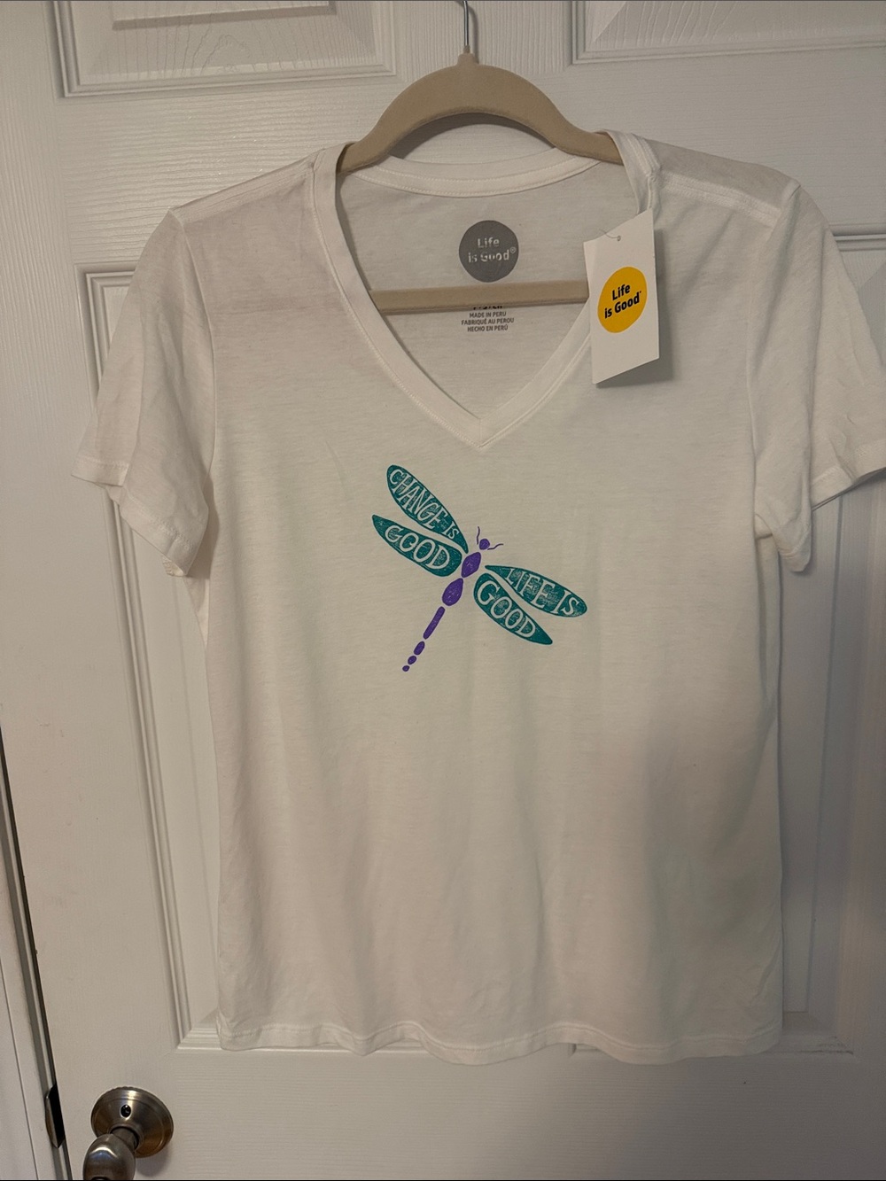 Life Is Good White V-Neck Tee with Teal and Purple Dragonfly Graphic
